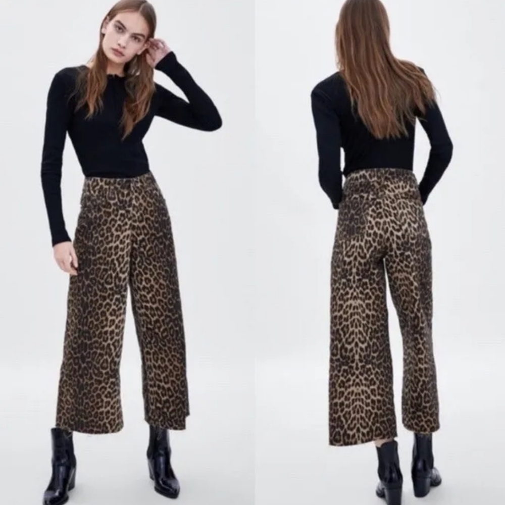 Zara Trf Wide Leg Leopard Print Jeans Culottes Size 6 or 28